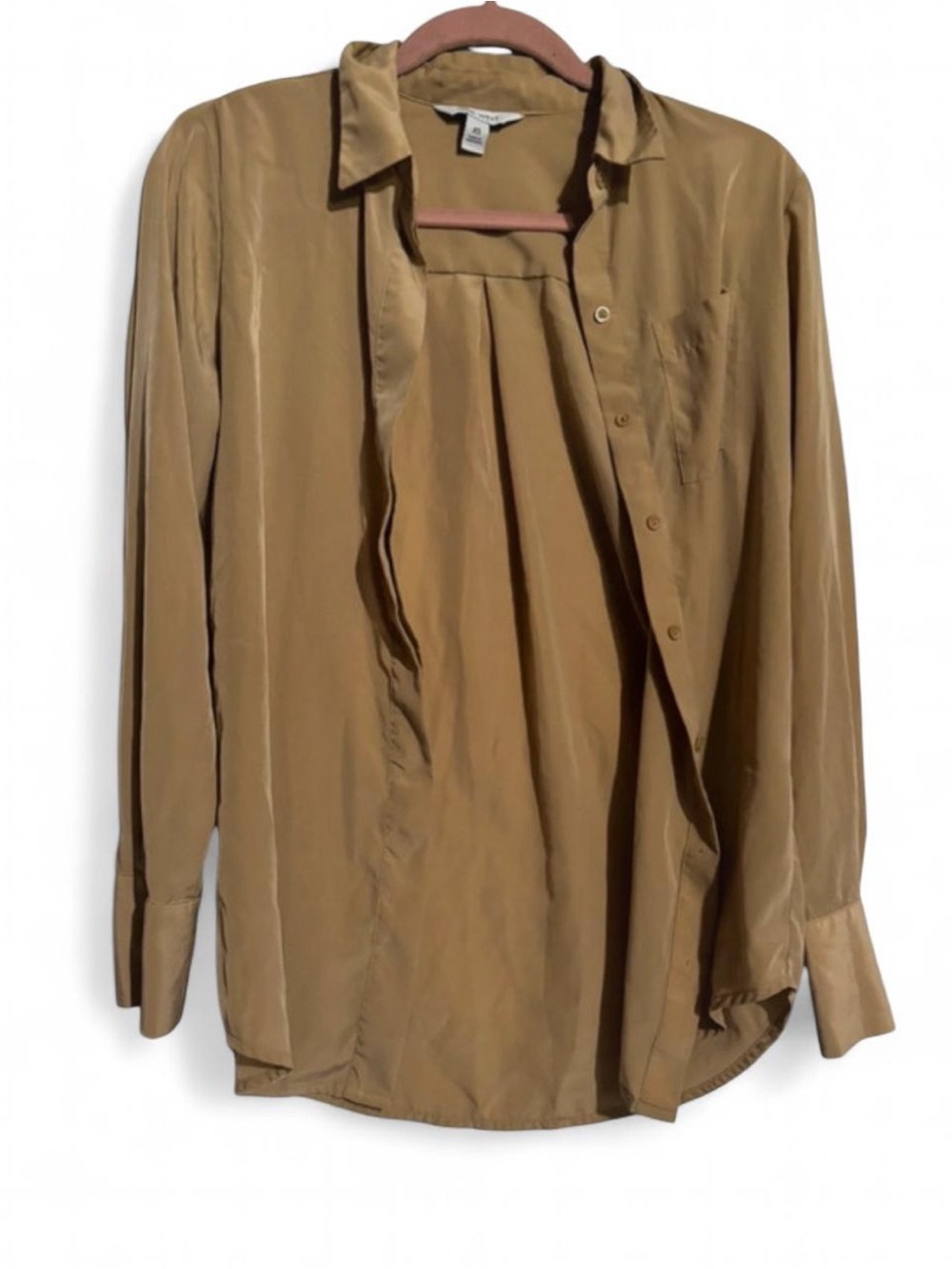 Nine West Silky Drapey Button Down Shirt Blouse Tan XS